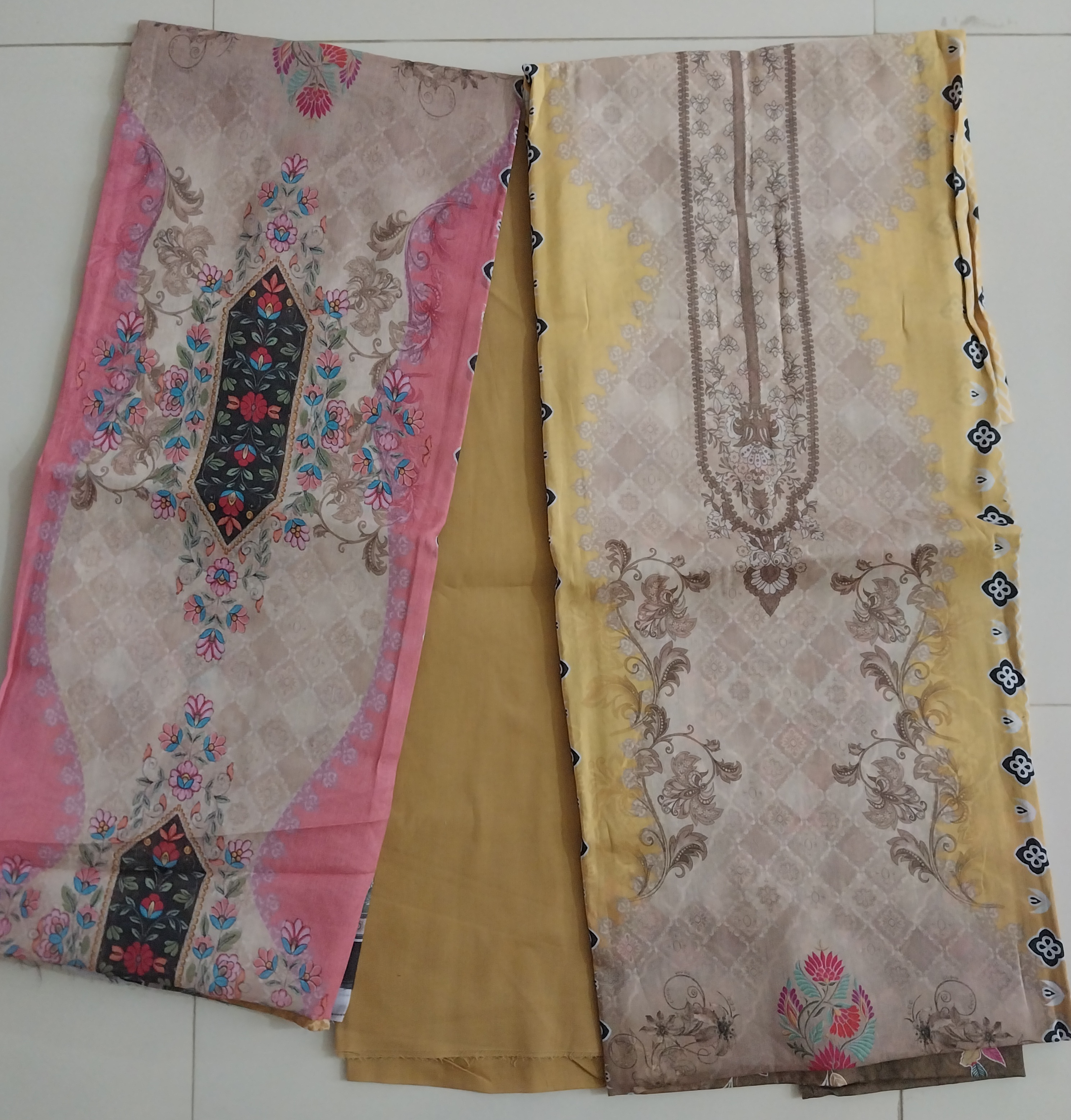 Premium Mustard Beige Floral Three Piece